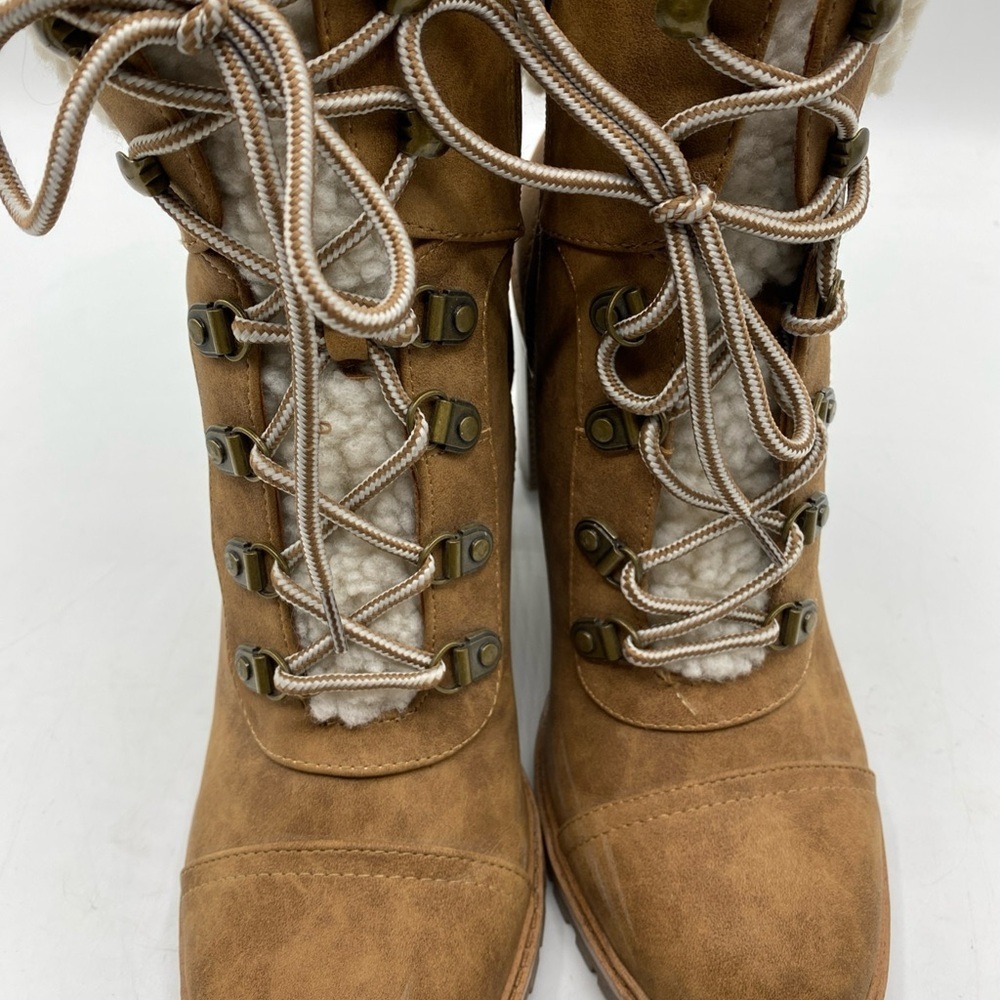 Chunky Heel Lace Up Faux Fur Lined Leather Boots 8.5 Nine West Brown Tan - Picture 7 of 7